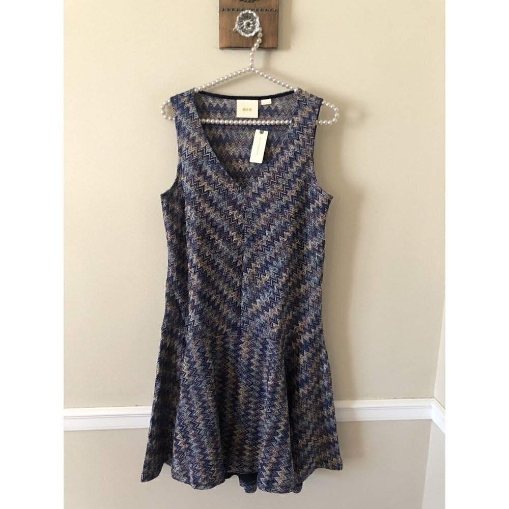 NWT Anthropologie Maeve Womens Size Small Westwater Blue Knit Dress Chevron